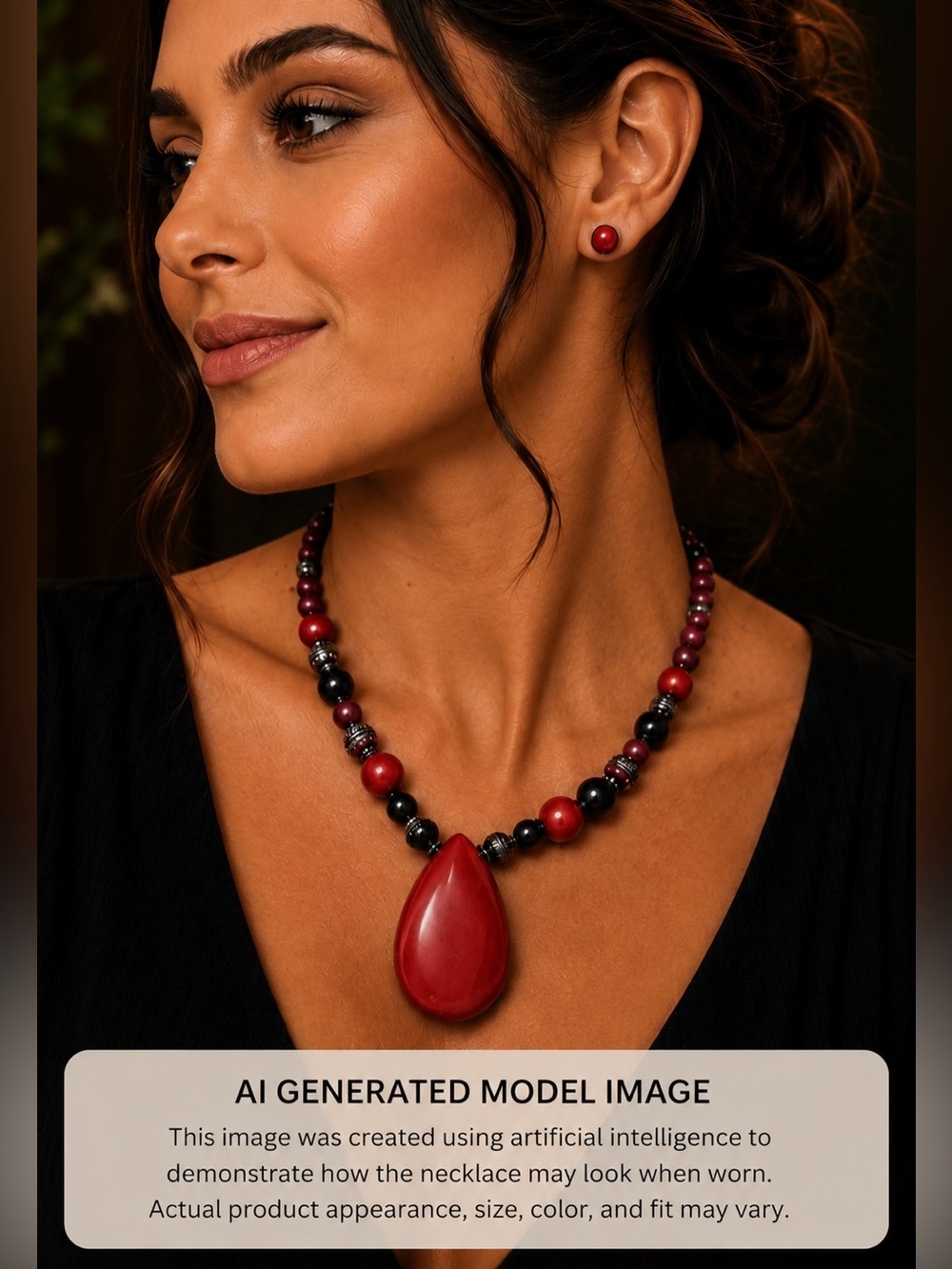 Red Howlite Stone Statement Necklace Red Silver Black 18 inches